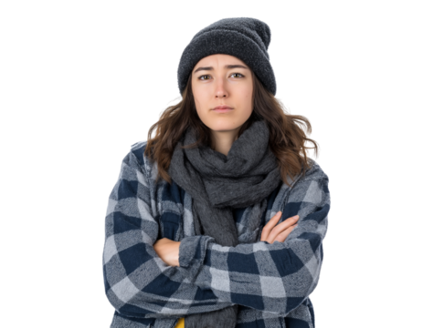 Young woman in winter plaid flannel and beanie with serious expression isolated on a transparent background