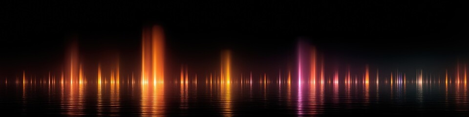 Naklejka premium Colorful light pillars reflecting on water surface at night