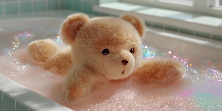 Adorable plush teddy bear relaxing in a sunlit bubble bath - Powered by Adobe