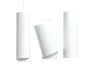 Three abstract white paper cylinders, one tilted with curled ends, all suspended