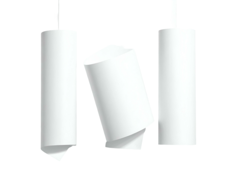 Three abstract white paper cylinders, one tilted with curled ends, all suspended