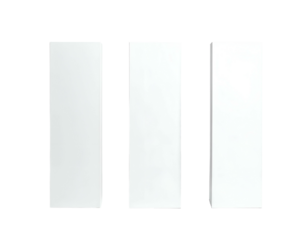 Three vertical, elongated, white shapes against a stark, solid black background