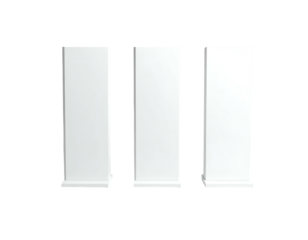 Three white, vertical display stands arranged in a row, isolated on a black background