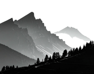A grayscale mountain range scene with trees and a winding road against a dark backdrop