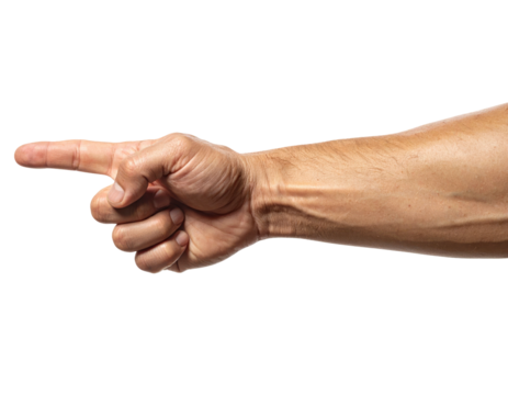 A close-up of an arm and hand with a single finger extended, against a black background