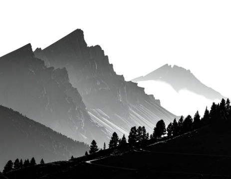 A grayscale mountain range scene with trees and a winding road against a dark backdrop