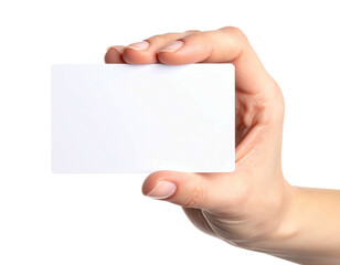 Obraz premium A human hand holds a blank, white rectangular card isolated on a black background