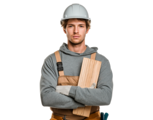 Serious Young Construction Worker Holding Lumber isolated on a transparent background