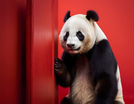 3d panda bear, Panda cautiously peeks around a corner against a red background created with Generative AI technology. Copy space