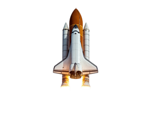 A detailed top-down perspective of a spacecraft ascending through the dark cosmos