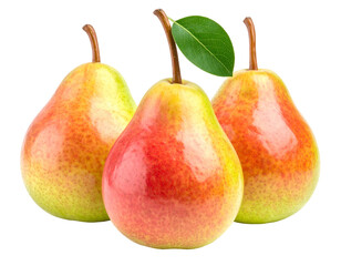 Three fresh pears with colorful skin, a green leaf, and a black background