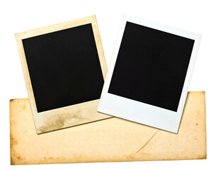 Two rectangular photographs, one on aged envelope. Edges are white, with a black center