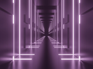 3D Pink neon tunnel. Black background with pink neon lights