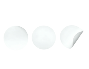 Three white circular shapes on a black background, one with a folded corner, suggesting a sticker