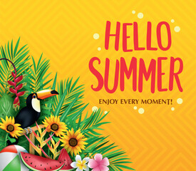 Vibrant hello summer greeting with tropical foliage toucan bird sunflowers watermelon and beach ball on yellow background