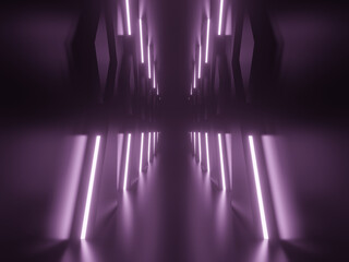 3D Pink neon tunnel. Black background with pink neon lights