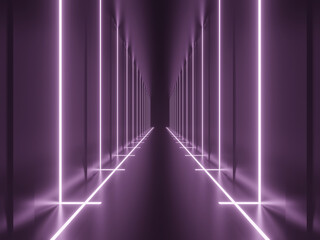 3D Pink neon tunnel. Black background with pink neon lights