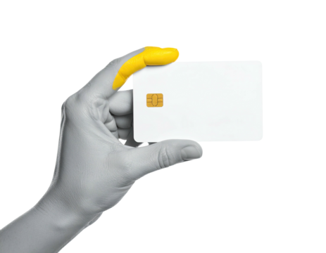 Human hand, partially colored, holding a blank white rectangular card with chip