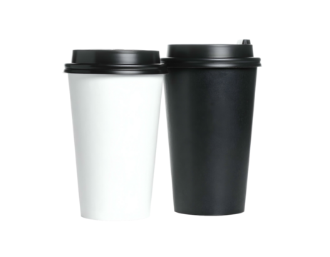 Two insulated disposable beverage cups, one white, one black, with black sipper lids
