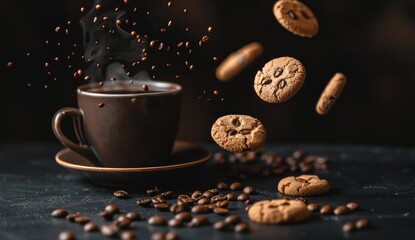 Cookies fall around hot coffee cup on table with coffee beans in dark ambiance