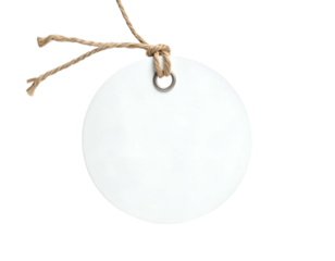 White, circular, blank label with a metal eyelet, connected to a twisted brown string