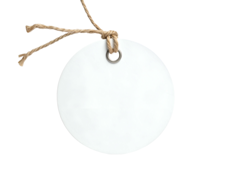 White, circular, blank label with a metal eyelet, connected to a twisted brown string