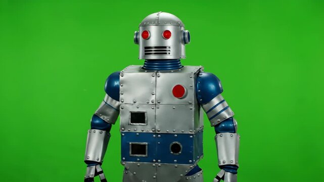 Man dressed as a retro robot standing and looking around on a green screen. Futuristic science fiction character costume.