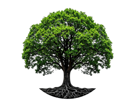 Isolated mature tree with full green canopy, dark trunk, and exposed root system