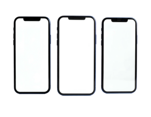Three black-edged smartphones with white screens on a black background, vertically aligned