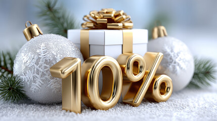 Golden 10% discount numbers standing on artificial snow next to a white gift box with a golden bow and sparkling silver Christmas balls, creating a festive winter sale scene