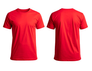 Front and back views of a plain, bright red short-sleeved t-shirt against a black background