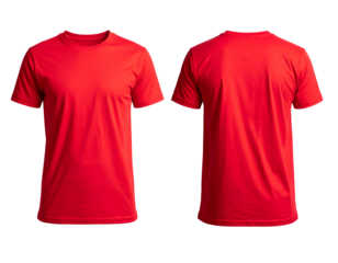 Front and back views of a plain, bright red short-sleeved t-shirt against a black background