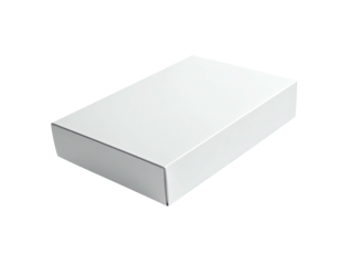 A simple, rectangular, white cardboard container with a slightly elevated lid sits on a black background