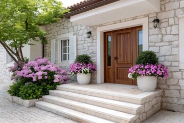 Elegant house entrance showing beautiful flowers and stone wall