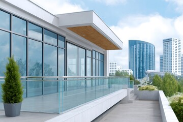 Fototapeta premium Modern building terrace with glass railing overlooking city
