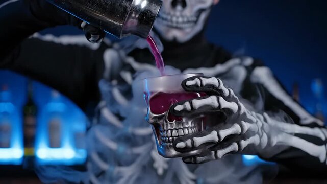 Person dressed as skeleton bartender pouring smoking purple cocktail into skull mug, spooky halloween drink preparation footage.