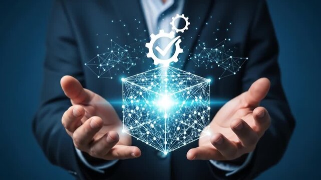 Innovative technology solution on hands, presenting virtual data information, creative future