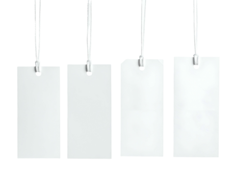 Four vertically aligned, blank, rectangular tags hanging by thin strings against a black backdrop