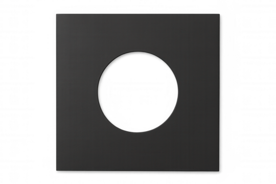 Black record sleeve mockup with circular window, adaptable template for music or branding, transparent background