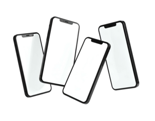 Four sleek, modern smartphones with blank white screens float on a black background