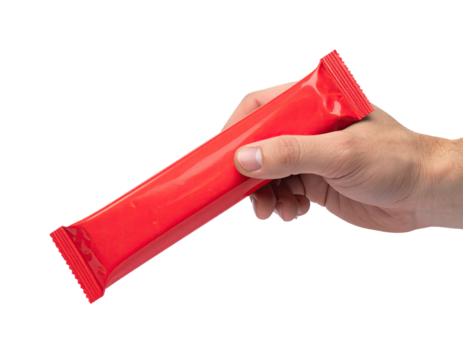 A hand holding a long, rectangular, red package against a black background