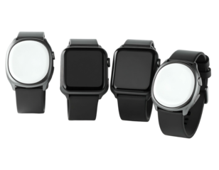 Four sleek smartwatches in black, with varying displays, against a black background