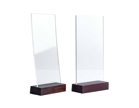 Two rectangular clear glass panels with wooden bases on a black background