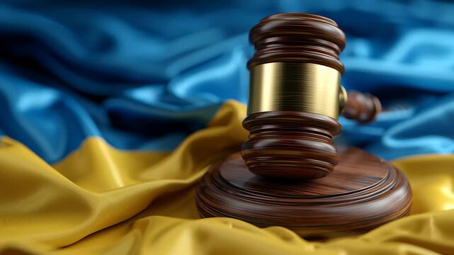 A judge gavel with a Ukrainian flag   on background. Close up of wooden hammer and legal lawyer books or codex. Sentence law or legal system and jurisprudence or court concept. 