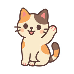 Cute Calico Cat Waving Hand Illustration in Kawaii Flat Cartoon Style