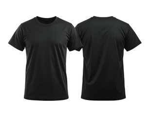 Studio shot front and back views of a plain, dark-colored round-neck t-shirt on black background