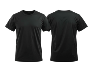Studio shot front and back views of a plain, dark-colored round-neck t-shirt on black background