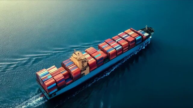 Large container ship sailing over calm blue waters, showcasing an impressive load of colorful cargo boxes on a sunny day
