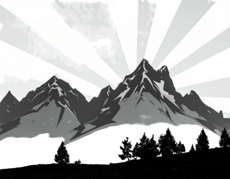 Monochrome landscape Mountains with sunburst rays, trees in foreground