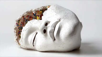 Unique art piece features cracked face sculpture filled with colorful toys showcasing creativity and imagination in modern art